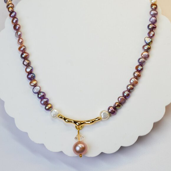 Natural Metallic Purple Pearl Necklace 18" Gold Plated Sterling Silver - Picture 4 of 10
